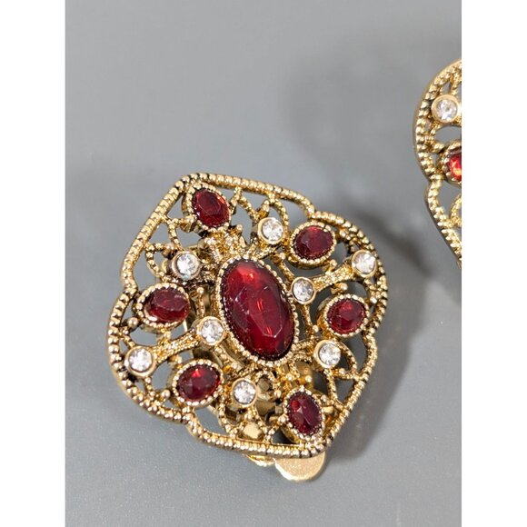 CHAPS Gold Tone Red Rhinestone Open Metal Work Clip On Earrings Evening Elegant - Picture 4 of 7